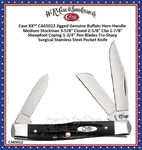 W.R. Case & Sons Cutlery CA65012 Case XX� Jigged Genuine Buffalo Horn Handle Medium Stockman 3-5/8" Closed 2-5/8" Clip 1-7/8" Sheepfoot Coping 1-3/4" Pen Blades Tru-Sharp Surgical Stainless Steel Pocket Knife
