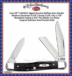 W.R. Case & Sons Cutlery CA65012 Case XX� Jigged Genuine Buffalo Horn Handle Medium Stockman 3-5/8" Closed 2-5/8" Clip 1-7/8" Sheepfoot Coping 1-3/4" Pen Blades Tru-Sharp Surgical Stainless Steel Pocket Knife