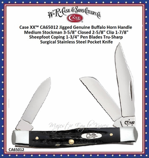 W.R. Case & Sons Cutlery CA65012 Case XX™ Jigged Genuine Buffalo Horn Handle Medium Stockman 3-5/8" Closed 2-5/8" Clip 1-7/8" Sheepfoot Coping 1-3/4" Pen Blades Tru-Sharp Surgical Stainless Steel Pocket Knife W.R. Case & Sons Cutlery CA65012 Case XX™ Jigged Genuine Buffalo Horn Handle Medium Stockman 3-5/8" Closed 2-5/8" Clip 1-7/8" Sheepfoot Coping 1-3/4" Pen Blades Tru-Sharp Surgical Stainless Steel Pocket Knife