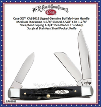 W.R. Case & Sons Cutlery CA65012 Case XX� Jigged Genuine Buffalo Horn Handle Medium Stockman 3-5/8" Closed 2-5/8" Clip 1-7/8" Sheepfoot Coping 1-3/4" Pen Blades Tru-Sharp Surgical Stainless Steel Pocket Knife
