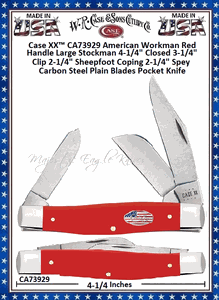 W.R. Case & Sons Cutlery CA73929 Case XX� American Workman Red Synthetic w/Nickel Silver Stars & Stripes Oval Inlay Shield Large Stockman Carbon Steel Knife 