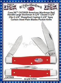 W.R. Case & Sons Cutlery CA73929 Case XX� American Workman Red Synthetic w/Nickel Silver Stars & Stripes Oval Inlay Shield Large Stockman Carbon Steel Knife 