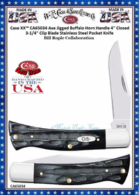 W.R. Case-Sons Cutlery CA65034 Case XX™ Axe Jigged Buffalo Horn Handle 4" Closed 3-1/4" Clip Blade Stainless Steel Pocket Knife W.R. Case-Sons Cutlery CA65034 Case XX™ Axe Jigged Buffalo Horn Handle 4" Closed 3-1/4" Clip Blade Stainless Steel Pocket Knife