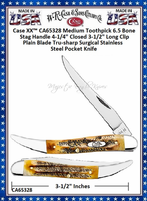 Case XX� CA65328 Medium Toothpick 6.5 BoneStag Closed Length: 4-1/4" Tru-Sharp Stainless SteelPocket Knife