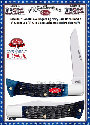 W.R. Case-Sons Cutlery CA6888 Case XX™ Axe Rogers Jig Navy Blue Bone Handle 4" Closed 3-1/4" Clip Blade Stainless Steel Pocket Knife W.R. Case-Sons Cutlery CA6888 Case XX™ Axe Rogers Jig Navy Blue Bone Handle 4" Closed 3-1/4" Clip Blade Stainless Steel Pocket Knife
