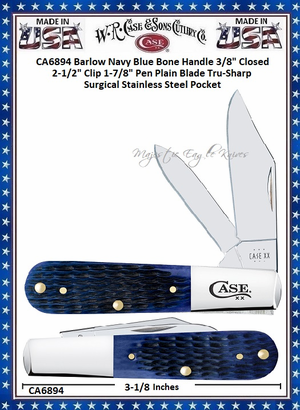 W.R. Case & Sons Cutlery CA6894 Case XX� Barlow Navy Blue Bone Handle 3/8" Closed 2-1/2" Clip 1-7/8" Pen Plain Blade Tru-Sharp Surgical Stainless Steel Pocket Knife