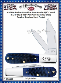 W.R. Case & Sons Cutlery CA6894 Case XX� Barlow Navy Blue Bone Handle 3/8" Closed 2-1/2" Clip 1-7/8" Pen Plain Blade Tru-Sharp Surgical Stainless Steel Pocket Knife