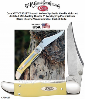 W.R. Case & Sons Cutlery CA30117 Case XX� Smooth Yellow Synthetic Handle Kickstart Assisted Mid-Folding Hunter 3" Locking Clip Plain Skinner Blade Chrome Vanadium Steel Pocket Knife