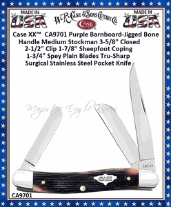 W.R. Case & Sons Cutlery CA9701 Case XX� Medium Stockman Barnboard Purple Bone 2-1/2" Clip 1-7/8" Sheepfoot Coping 1-3/4" Spey Plain Blades Tru-sharp Surgical Stainless Steel Pocket Knife