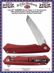 W.R. Case & Sons Cutlery CA64664 Case XX� Kinzua Flipper 3.4" Stonewashed CPM-S35VN Stainless Steel Tanto Blade, Red Anodized Aluminum Handles Pocket Knife 