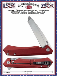 W.R. Case & Sons Cutlery CA64664 Case XX™ Kinzua Flipper 3.4" Stonewashed CPM-S35VN Stainless Steel Tanto Blade, Red Anodized Aluminum Handles Pocket Knife W.R. Case & Sons Cutlery CA64664 Case XX™ Kinzua Flipper 3.4" Stonewashed CPM-S35VN Stainless Steel Tanto Blade, Red Anodized Aluminum Handles Pocket Knife