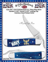 W.R. Case & Sons Cutlery CA17730 Case XX™ Russlock U.S. Navy Blue Bone Handle 4-1/8" Closed 2-3/4" Locking Clip Stainless Steel Pocket Knife W.R. Case & Sons Cutlery CA17730 Case XX™ Russlock U.S. Navy Blue Bone Handle 4-1/8" Closed 2-3/4" Locking Clip Stainless Steel Pocket Knife