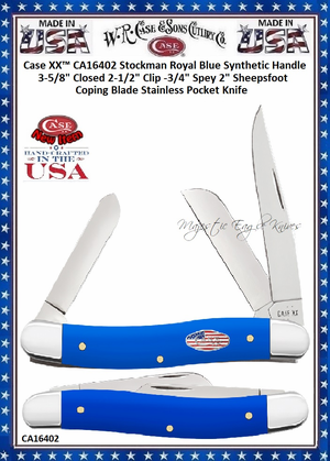 W.R. Case & Sons Cutlery CA16402 Case XX� Stockman Royal Blue Synthetic Handle 3-5/8" Closed 2-1/2" Clip -3/4" Spey 2" Sheepsfoot Coping Blade Stainless Pocket Knife