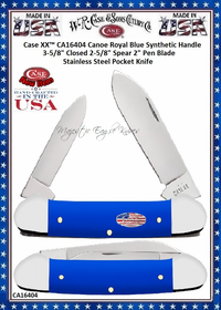W.R. Case & Sons Cutlery CA16404 Case XX™ Canoe Royal Blue Synthetic Handle 3-5/8" Closed 2-5/8" Spear 2" Pen Blade Stainless Steel Pocket Knife W.R. Case & Sons Cutlery CA16404 Case XX™ Canoe Royal Blue Synthetic Handle 3-5/8" Closed 2-5/8" Spear 2" Pen Blade Stainless Steel Pocket Knife