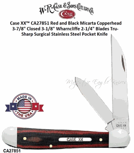 W.R. Case & Sons Cutlery CA27851 Case XX� Red and Black Micarta Copperhead 3-7/8" Closed 3-1/8" Wharncliffe 2-1/4" Blades Tru-Sharp Surgical Stainless Steel Pocket Knife