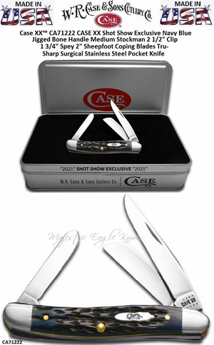 W.R. Case & Sons Cutlery CA71222 CASE XX Shot Show Exclusive Navy Blue Jigged Bone Handle Medium Stockman 2 1/2" Clip 1 3/4" Spey  2" Sheepfoot Coping Blades Tru-Sharp Surgical Stainless Steel Pocket Knife 