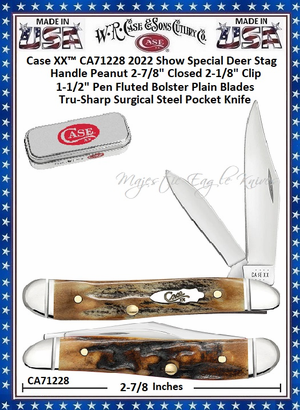 W.R. Case & Sons Cutlery CA71228 Case XX� 2022 Show Special Deer Stag Peanut 2-7/8" Closed 2-1/8" Clip 1-1/2" Pen Plain Blades Fluted Bolster Tru-Sharp Surgical Stainless Steel Pocket Knife  