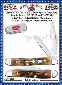 W.R. Case & Sons Cutlery CA71228 Case XX� 2022 Show Special Deer Stag Peanut 2-7/8" Closed 2-1/8" Clip 1-1/2" Pen Plain Blades Fluted Bolster Tru-Sharp Surgical Stainless Steel Pocket Knife  