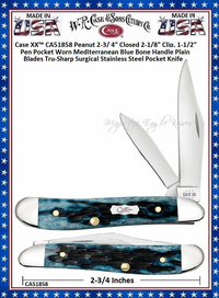 W.R. Case & Sons Cutlery CA51858 Case XX� Pocket Worn Peach Seed Mediterranean Blue Bone Handle Peanut 2-3/ 4" Closed 2-1/8" Clip, 1-1/2" Pen Pocket Blades Tru-Sharp Surgical Stainless Steel Pocket Knife