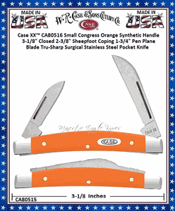  W.R. Case & Sons Cutlery CA80516 Case XX� Small Congress Orange Synthetic Handle 3-1/8" Closed 2-3/8" Sheepfoot Coping 1-3/4" Pen Plane Blade Tru-Sharp Surgical Stainless Steel Pocket Knife
