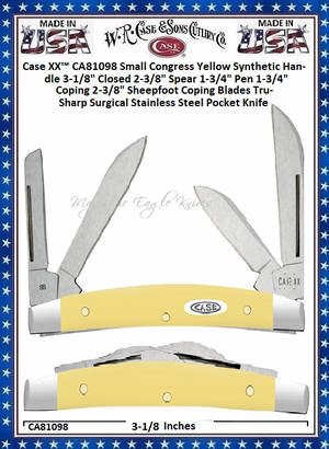 W.R. Case & Sons Cutlery CA81098 Case XX� Small Congress Yellow Synthetic Handle 3-1/8" Closed 2-3/8" Spear 1-3/4" Pen 1-3/4" Coping 2-3/8" Sheepfoot Coping Blades Tru-Sharp Surgical Stainless Steel Pocket Knife