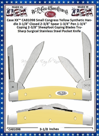 W.R. Case & Sons Cutlery CA81098 Case XX� Small Congress Yellow Synthetic Handle 3-1/8" Closed 2-3/8" Spear 1-3/4" Pen 1-3/4" Coping 2-3/8" Sheepfoot Coping Blades Tru-Sharp Surgical Stainless Steel Pocket Knife