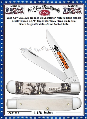 W.R. Case & Sons Cutlery CA81222 Case XX� Trapper Elk Sportsman Natural Bone Handle 4-1/8" Closed 3-1/4" Clip 3-1/4" Spey Plane Blade Tru-Sharp Surgical Stainless Steel Pocket Knife