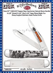 W.R. Case & Sons Cutlery CA81223 Case XX� Trapper Bear Sportsman Natural Bone Handle 4-1/8" Closed 3-1/4" Clip3-1/4" Spey Plane Blade Tru-Sharp Surgical Stainless Steel Pocket Knife