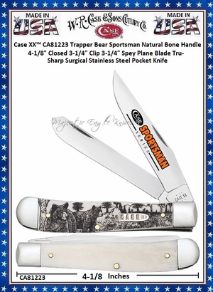 W.R. Case & Sons Cutlery CA81223 Case XX� Trapper Bear Sportsman Natural Bone Handle 4-1/8" Closed 3-1/4" Clip3-1/4" Spey Plane Blade Tru-Sharp Surgical Stainless Steel Pocket Knife