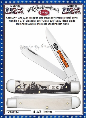 W.R. Case & Sons Cutlery CA81224 Case XX� Trapper Bird Dog Sportsman Natural Bone Handle 4-1/8" Closed 3-1/4" Clip 3-1/4" Spey Plane Blade Tru-Sharp Surgical Stainless Steel Pocket Knife