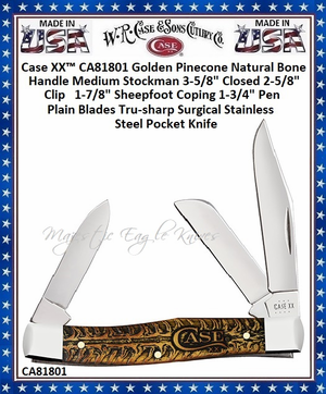 W.R. Case & Sons Cutlery CA81801 Case XX� Medium Stockman Golden Pinecone Handle 3-5/8" Closed 2-1/2" Clip 1-7/8" Sheepfoot Coping 1-3/4" Pen Plain Blade Tru-sharp Surgical Stainless Steel Pocket Knife