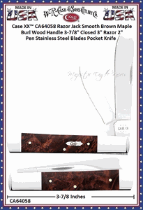 W.R. Case & Sons Cutlery CA64058 Case XX� Razor Jack Smooth Brown Maple Burl Wood Handle 3-7/8" Closed 3" Razor 2" Pen Stainless Steel Blades Pocket Knife