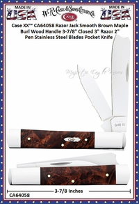 W.R. Case & Sons Cutlery CA64058 Case XX� Razor Jack Smooth Brown Maple Burl Wood Handle 3-7/8" Closed 3" Razor 2" Pen Stainless Steel Blades Pocket Knife