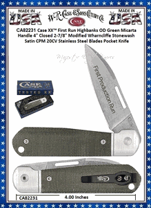 W.R. Case & Sons Cutlery CA82231 Case XX� Case XX� First Run Highbanks OD Green Micarta Handle 4" Closed 2-7/8" Modified Wharncliffe Stonewash Satin CPM 20CV Stainless Steel Blades Pocket Knife