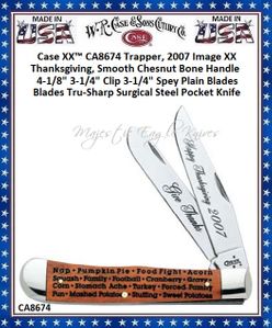 W.R. Case & Sons Cutlery CA8674 Case XX™ 2007 Thanksgiving, Smooth Chestnut Bone Handle Trapper, 4-18" Closed 3-1/4" Clip 3-1/4" Spey Tru-Sharp Surgical Stainless Steel Pocket Knife W.R. Case & Sons Cutlery CA8674 Case XX™ 2007 Thanksgiving, Smooth Chestnut Bone Handle Trapper, 4-18" Closed 3-1/4" Clip 3-1/4" Spey Tru-Sharp Surgical Stainless Steel Pocket Knife