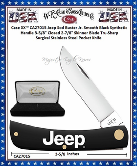 W.R. Case & Sons Cutlery CA27015 Case XX� Sod Buster Jr Jeep Smooth Black Synthetic Bone Handle 3-5/8" Closed 2-7/8" Skinner Plain Blade Tru-Sharp Surgical Stainless Steel Pocket Knife