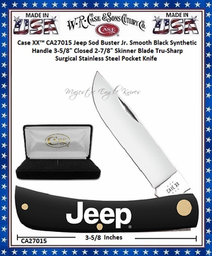 W.R. Case & Sons Cutlery CA27015 Case XX� Sod Buster Jr Jeep Smooth Black Synthetic Bone Handle 3-5/8" Closed 2-7/8" Skinner Plain Blade Tru-Sharp Surgical Stainless Steel Pocket Knife