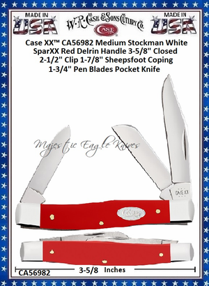 W.R. Case & Sons Cutlery CA56982 Case XX™ Case XX Medium Stockman White SparXX Red Delrin Handle 3-5/8" Closed 2-1/2" Clip 1-7/8" Sheepsfoot Coping 1-3/4" Pen Blades Pocket Knife W.R. Case & Sons Cutlery CA56982 Case XX™ Case XX Medium Stockman White SparXX Red Delrin Handle 3-5/8" Closed 2-1/2" Clip 1-7/8" Sheepsfoot Coping 1-3/4" Pen Blades Pocket Knife