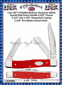 W.R. Case & Sons Cutlery CA56982 Case XX� Case XX Medium Stockman White SparXX Red Delrin Handle 3-5/8" Closed 2-1/2" Clip 1-7/8" Sheepsfoot Coping 1-3/4" Pen Blades Pocket Knife