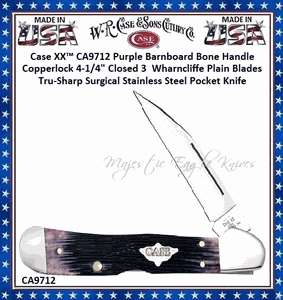 W.R. Case & Sons Cutlery CA9712 Case XX� Copperlock Barnboard Jig Purple Bone Handle 4-1/4" Closed 3-1/4" Locking Wharncliffe Plain Blade Tru-sharp Surgical Stainless Steel Pocket Knife