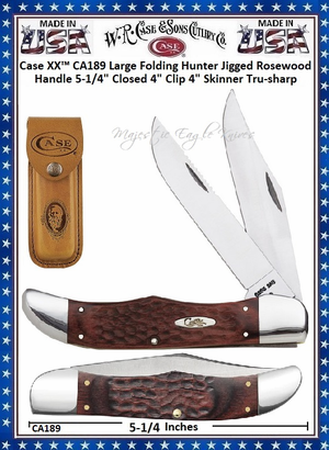W.R. Case & Sons Cutlery Case XX� CA00189 Folding Hunter Jigged Brown Stamina wood Handles, 5-1/4" Closed 4.00"' Tru-sharp Surgical Stainless Steel Plain Blades Brown Leather Sheath 