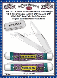 W.R. Case & Sons Cutlery Case XX� CA10622 2023 Easter Natural Bone Trapper "HE IS RISEN" Limited to 350 4-1/8" Closed 3-1/4" Clip 3-1/4" Spey Plain Blade Tru-sharp Surgical Stainless Steel Pocket Knife