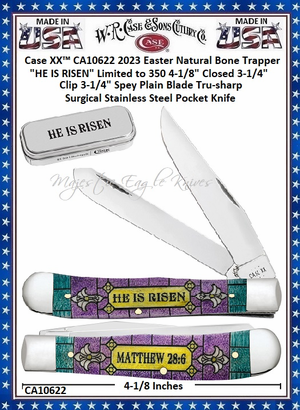 W.R. Case & Sons Cutlery Case XX� CA10622 2023 Easter Natural Bone Trapper "HE IS RISEN" Limited to 350 4-1/8" Closed 3-1/4" Clip 3-1/4" Spey Plain Blade Tru-sharp Surgical Stainless Steel Pocket Knife
