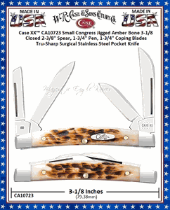 W.R. Case & Sons Cutlery Case XX� CA10723 Small Congress Jigged Amber Bone 3-1/8 Closed 2-3/8" Spear, 1-3/4" Pen, 1-3/4" Coping Blades Tru-Sharp Surgical Stainless Steel Pocket Knife 