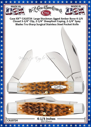 W.R. Case & Sons Cutlery Case XX™ CA10724 Case XX™ Large Stockman Jigged Amber Bone 4-1/4 Closed 3-1/4" Clip, 2-1/4" Sheepfoot Coping, 2-1/4" Spey Blades Tru-Sharp Surgical Stainless Steel Pocket Knife W.R. Case & Sons Cutlery Case XX™ CA10724 Case XX™ Large Stockman Jigged Amber Bone 4-1/4 Closed 3-1/4" Clip, 2-1/4" Sheepfoot Coping, 2-1/4" Spey Blades Tru-Sharp Surgical Stainless Steel Pocket Knife