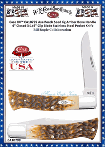 W.R. Case-Sons Cutlery Case XX� CA10799 Axe Peach Seed Jig Amber Bone Handle 4" Closed 3-1/4" Clip Blade Stainless Steel Pocket Knife