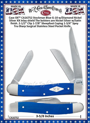 W.R. Case & Sons Cutlery Case XX™ CA16752 Stockman Blue G-10 w/Diamond Nickel Silver XX Inlay shield The bolsters are Nickel Silver w/Satin finish. 2-1/2" Clip 1-7/8" Sheepfoot Coping 1-3/4" Spey Tru-Sharp Surgical Stainless Steel Pocket Knife W.R. Case & Sons Cutlery Case XX™ CA16752 Stockman Blue G-10 w/Diamond Nickel Silver XX Inlay shield The bolsters are Nickel Silver w/Satin finish. 2-1/2" Clip 1-7/8" Sheepfoot Coping 1-3/4" Spey Tru-Sharp Surgical Stainless Steel Pocket Knife