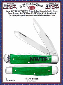 W.R. Case & Sons Cutlery Case XX� CA18773 Case XX� NWTF Embellished Smooth Bright Green Bone Trapper 4-1/8" Closed 3.24" Clip, 3-1/2 Spey Point Tru-Sharp Surgical Stainless Steel Blades Pocket Knife 