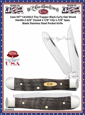 W.R. Case & Sons Cutlery Case XX™ CA14012 Tiny Trapper Black Curly Oak Wood Handle 2-3/8" Closed 1-7/8" Clip 1-7/8" Spey Blade Stainless Steel Pocket Knife W.R. Case & Sons Cutlery Case XX™ CA14012 Tiny Trapper Black Curly Oak Wood Handle 2-3/8" Closed 1-7/8" Clip 1-7/8" Spey Blade Stainless Steel Pocket Knife