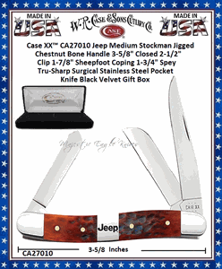 W.R. Case & Sons Cutlery Case XX� CA27010 Medium Stockman Jeep Chestnut Bone Handle 3-5/8" Closed 2-1/2" Clip 1-7/8" Sheepfoot Coping 1-3/4" Spey Plain Blade Tru-Sharp Surgical Stainless Steel Pocket Knife